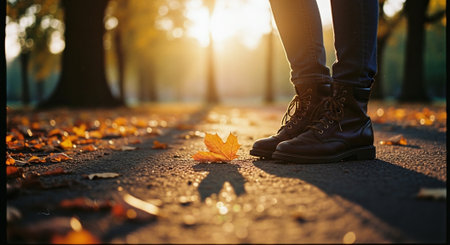 Young woman walking in the autumn park. Close up of female legs walking in autumnal park.の素材