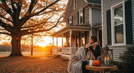 Young woman with cup of coffee sitting in front of her house in autumnの素材
