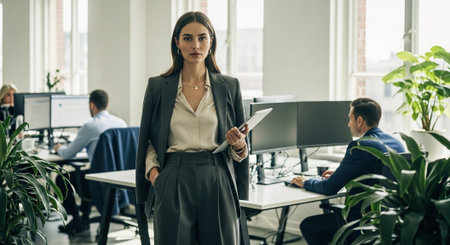 Serious businesswoman holding notepad and looking at camera in officeの素材