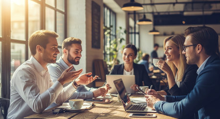 Group of young business people working and communicating together in modern office.の素材