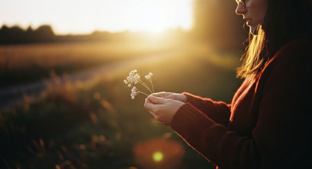 Young woman holding wildflowers in her hands at sunset, close upの素材