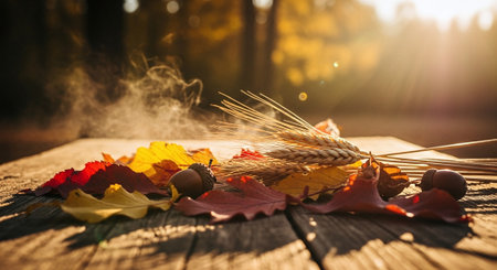 Autumn leaves and acorns on a wooden table in the forestの素材