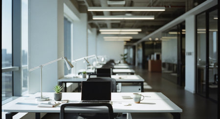 Modern open space office interior with furniture and equipment. 3d renderingの素材