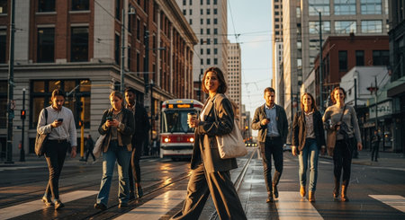 Group of young business people walking on the street in the city.の素材