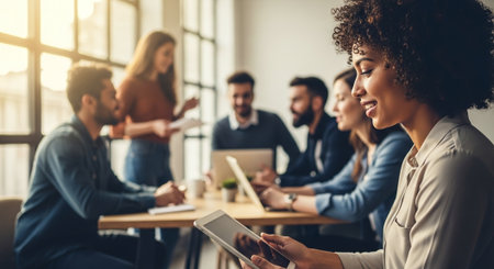 Group of multiethnic business people working together in modern office.の素材