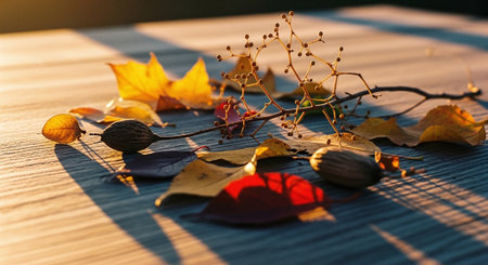 Autumn leaves on the wooden table in the rays of the sunの素材