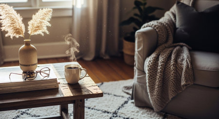 Cup of coffee on a wooden table in a cozy living roomの素材