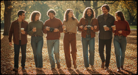Group of friends holding cups of coffee in autumn park. Group of young people walking in park.の素材