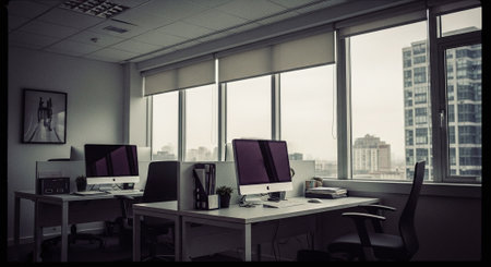 Interior of a modern office with panoramic window and city viewの素材