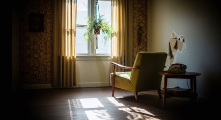 Green armchair in a room with window and curtains in the backgroundの素材