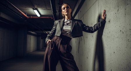 Young businesswoman in an underground passage. Business concept. Toned image.の素材