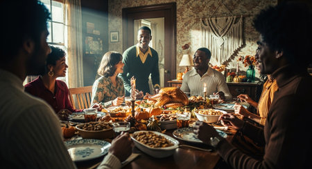 Group of diverse people having dinner together at home. They are celebrating Thanksgiving day.の素材