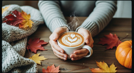 Female hands holding a cup of coffee, autumn leaves and pumpkinsの素材