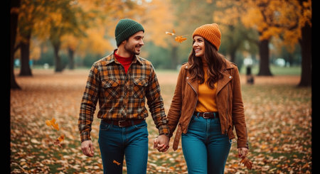 Young couple walking in the park in autumn season. Man and woman holding hands.の素材