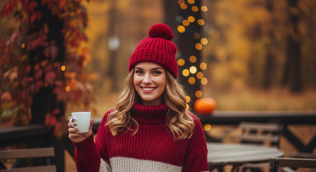 Beautiful young woman in a red knitted hat and sweater holding a cup of coffee in autumn parkの素材