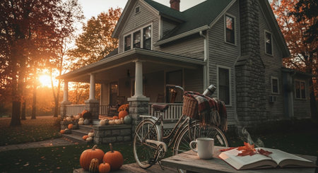 Autumn landscape with a house, a bicycle and pumpkins.の素材