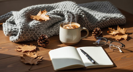 Cup of coffee, notebook, glasses, knitted plaid and autumn leaves on a wooden table.の素材