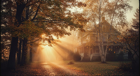 Autumn landscape. Foggy morning in the park with a wooden houseの素材