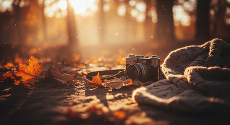 Vintage camera, knitted scarf and autumn leaves on the ground. Autumn concept.の素材