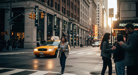 Young businesswoman crossing the street in Manhattan, New York City.の素材
