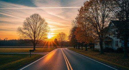 Sunset over a country road with trees in the foreground and a house in the backgroundの素材