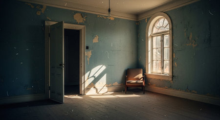interior of an old abandoned house with a chair and a windowの素材