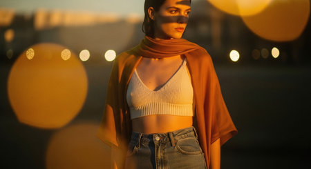 Beautiful young woman with orange scarf in the city at night.の素材