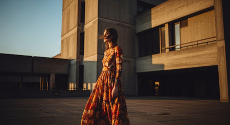 Beautiful girl in a long dress on the background of a modern buildingの素材