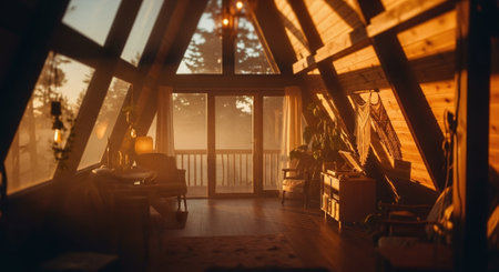 Interior of a rustic wooden house in the rays of the setting sunの素材