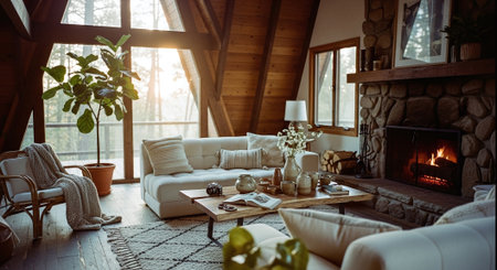 Interior of cozy living room with fireplace, sofa, coffee table and plantsの素材