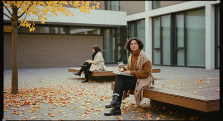 Mixed race woman sitting on bench and drinking coffee in autumn parkの素材