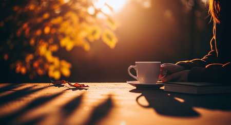 A cup of coffee and book on the table in the autumn forestの素材