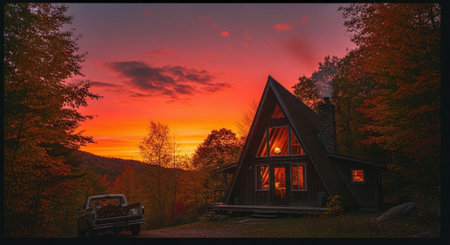 Beautiful sunset in the mountains. Wooden house in the forest.の素材