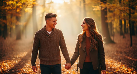 Young couple in love walking in autumn park holding hands and smiling.の素材