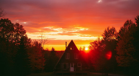 Beautiful sunset over the house in the village. Panorama.の素材