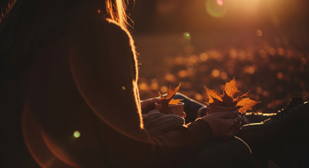 Young woman holding autumn leaves in her hands in the park on sunsetの素材