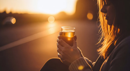 Young woman drinking beer on the road at sunset. Close-up.の素材