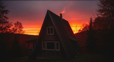 Wooden house at sunset in Carpathian mountains, Ukraine.の素材