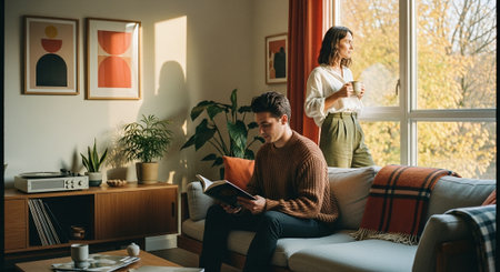 young couple reading book and drinking coffee in living room on autumn dayの素材
