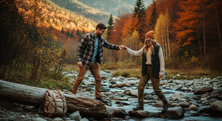 Couple in love is walking along a mountain river in the autumn forest.の素材