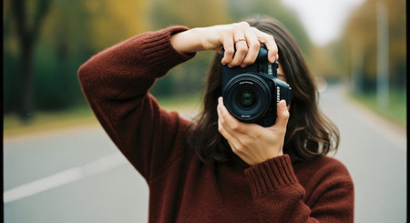 Young brunette woman in a red sweater with a camera in her hands.の素材