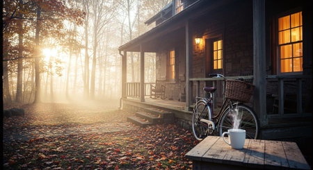 Cup of coffee and bicycle in front of the cottage in the autumn forestの素材
