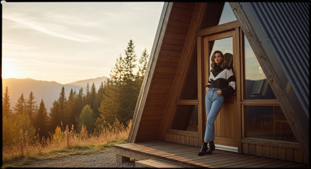 Beautiful young woman standing in front of her wooden house at sunset.の素材