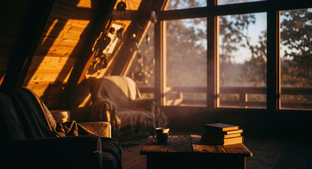 Interior of a wooden house in the morning with a cup of coffee.の素材