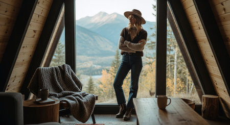 Beautiful young woman in a hat and plaid standing near the window in the mountains.の素材