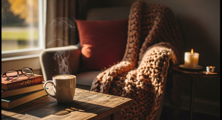 Cup of coffee with warm knitted sweater and glasses on the windowsill.の素材