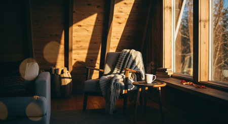 Cozy living room with a cup of coffee on the windowsillの素材