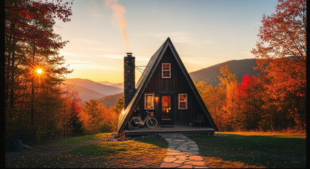 Beautiful wooden house in the Carpathian mountains at sunset.の素材