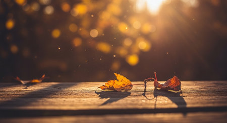Autumn leaves on wooden table in the park. Selective focus.の素材