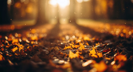 Autumn leaves on the railway in the city park at sunset.の素材